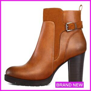 Chunky Heel Ankle Booties Waterproof PU Leather Side Zipper Comfortable Wide Fit